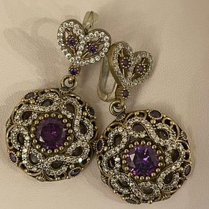 Vintage silver earrings with amethyst/white topaz, size 2”
